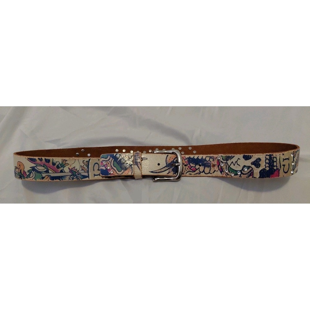 Ed Hardy Vintage White Leather Tattoo Print Belt Large